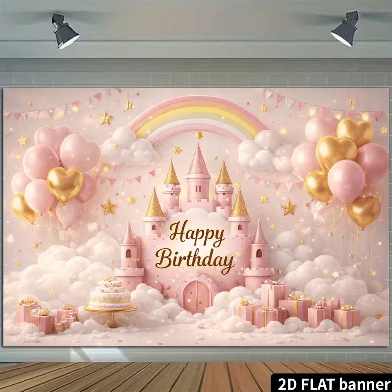 2D Girls Pink Castle Birthday Backdrop Banner Rainbow Background