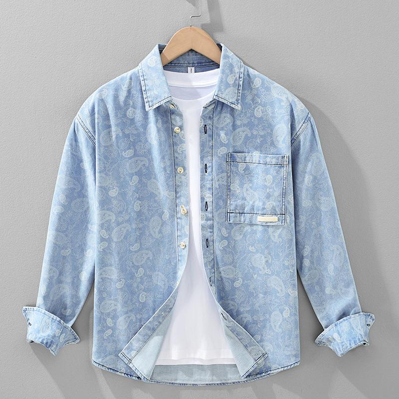

2026 Men s Denim Print Long Sleeve Shirt, Spring and Autumn High-End Casual Shirt Jacket, Stylish Top M