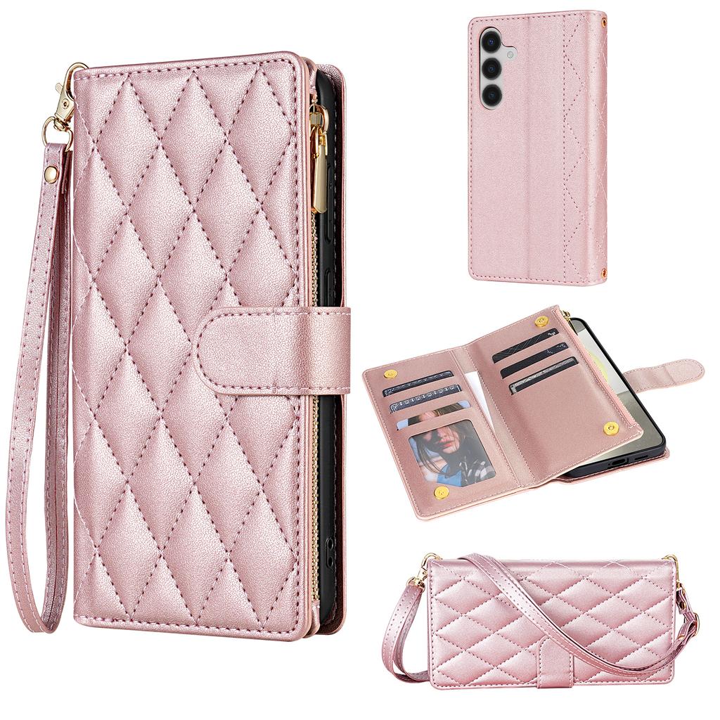 For Samsung Galaxy S26+ Case Rhombus Stitching Leather Wallet Phone Cover with Long / Short Strap