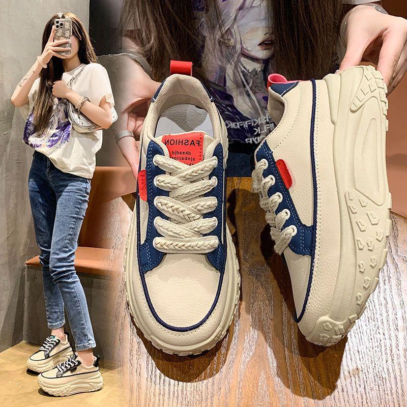 Casual shoes new 2025 color matching dad shoes thick sole heightening leather surface sports shoes women's shoes fashion student Korean version tide