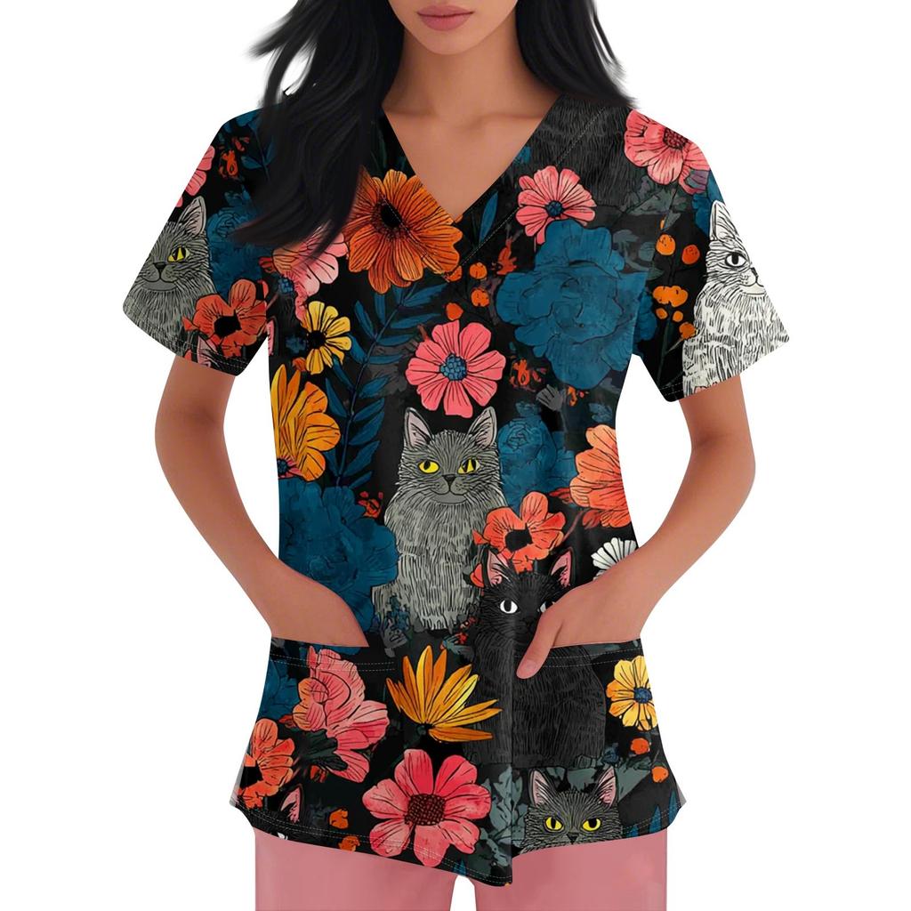 Women's V-neck Printed Short-sleeved Work Clothes With Side-slit Pockets And Uniforms