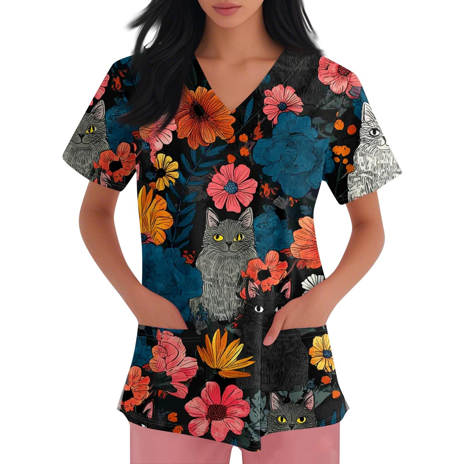 

Жіночий робочий одяг з V-подібним вирізом, принтом, короткими рукавами, кишенями з боковими розрізами та уніформа XXL зелений