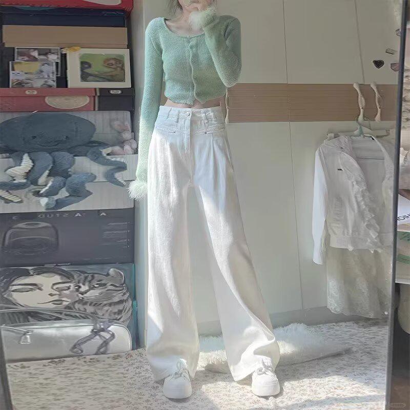 

Women s Fleece-Lined White Straight-Leg Jeans, Autumn/Winter, Pear-Shaped Fit, Loose Wide-Leg Floor-Length Thick Pants. L