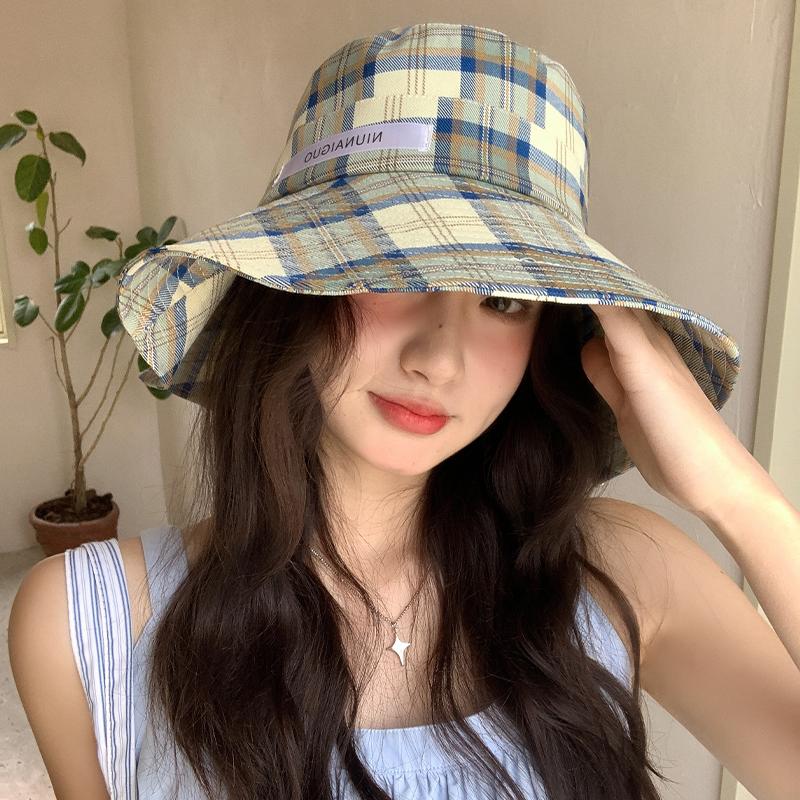 Plaid fisherman's hat children summer versatile big brim show face small sun hat sunscreen sun hat tide