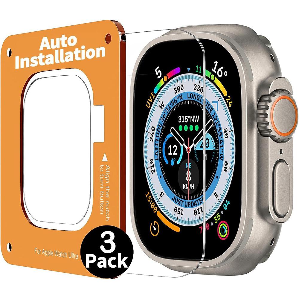 

3 шт. Защитная пленка для экрана для Apple Watch Ultra 3 2 1 49 мм 49 мм Рамка для установки с автовыравниванием Защита из закаленного стекла Защитная пленка Аксессуары 49mm чистый