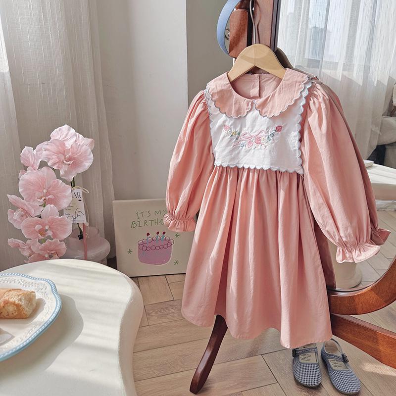 Sweet Strawberry Embroidered Princess Dress: Autumn 2025 Two-Piece Look, Color Block, Long Sleeve Cotton Dress for Girls