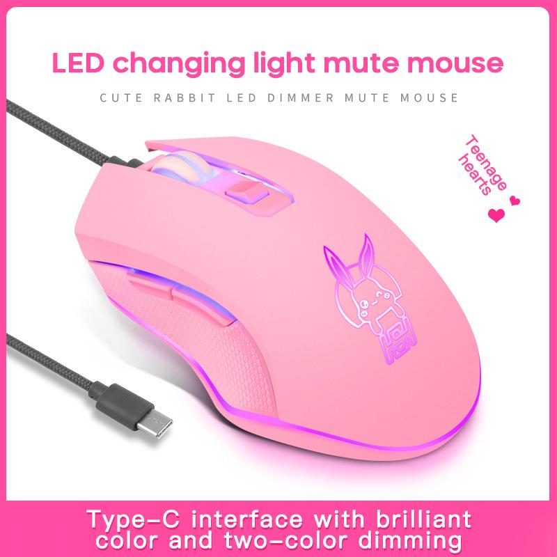 RYRA USB-Typ-C-Maus mit Kabel, bunt, leuchtende Gaming-Maus, neu, rosa, niedlich, Kaqiu-Maus, optische Maus, schillernder Gamer, rosa, süß