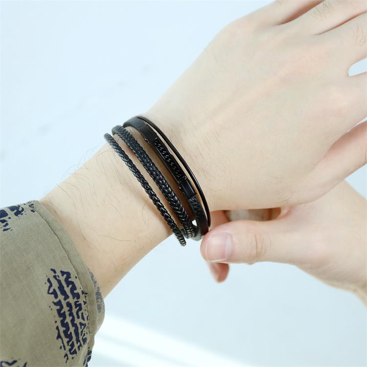 Handsome Men Silver&gold&black Leather Bracelet with Stainless Steel Clasp