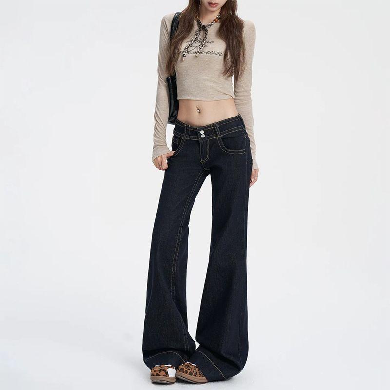 American double-button retro micro-pull jeans women's new dark blue low-rise thin flared pants without sticking to the legs