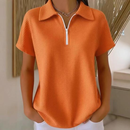 Women Tops Lapel Short Sleeve Zipper Half Placket Shirt Tops Pure Color Waffle Texture Loose Fit Casual Shirt Home Dates Versatile Wear