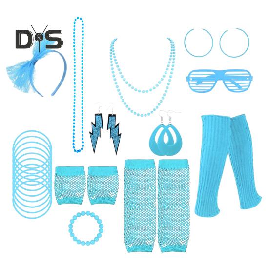80s Neon Costume Accessories Set Knitted Leg Warmers Headband Gloves Earrings Bracelet Beaded Necklace Set Fancy Party Accessories