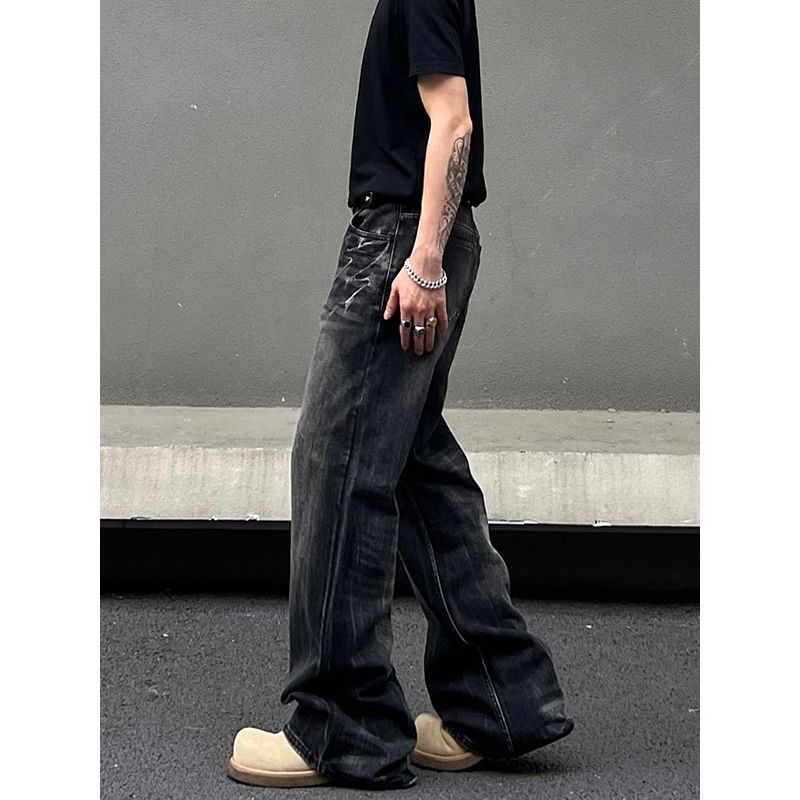 Blaexit American High Street Cleanfit Washed Black Lightning Pattern Flared Jeans Men's Vibe Pants