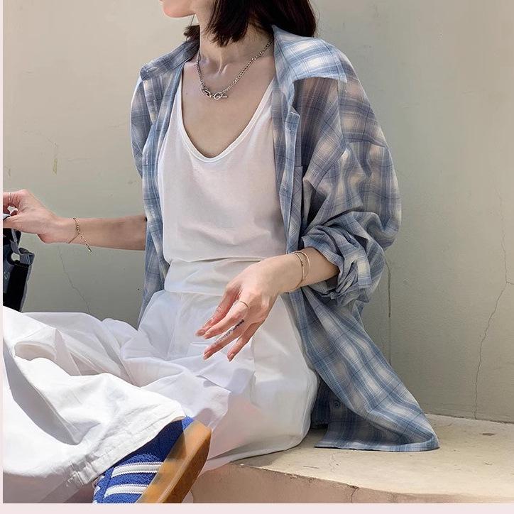 Women's Blue & White Plaid Cotton-Linen Shirt Jacket – Spring/Summer 2025, Sun Protection, Casual Style.