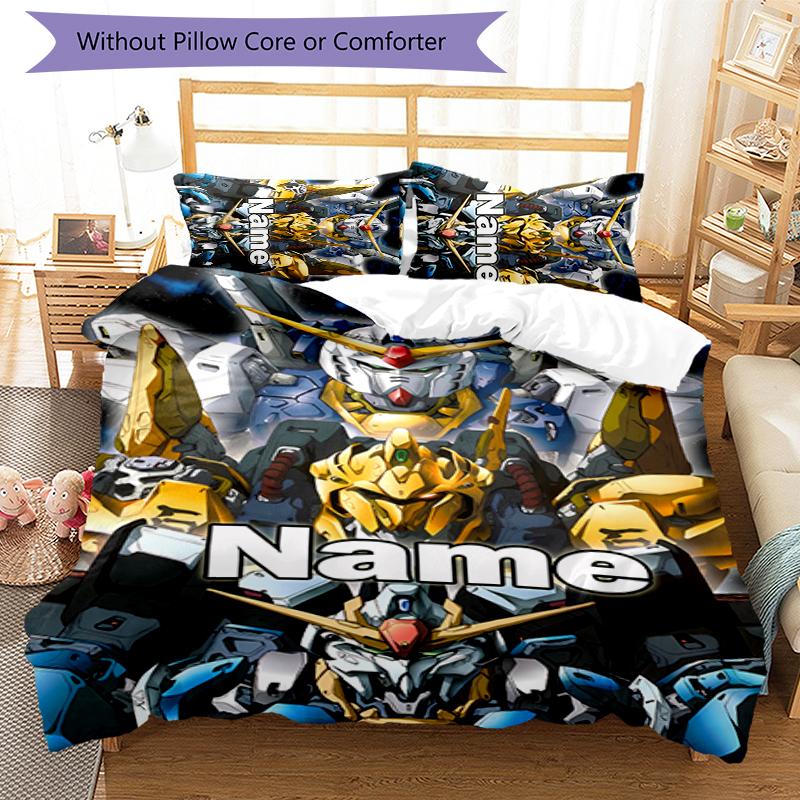 3pcs Custom Name Cartoon Mobile Suit Gundam Bedding Set Duvet Cover Closure Includes 1 Duvet Cover & 2 Pillowcases for All Seasons Bedroom Decor