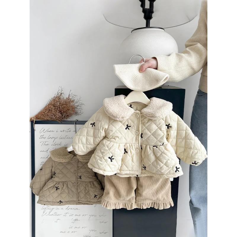 Winter Baby Girls Fleece Warm Coat Infant Padded Jacket Velvet Thick Toddler Bow Embroidery Cardigan