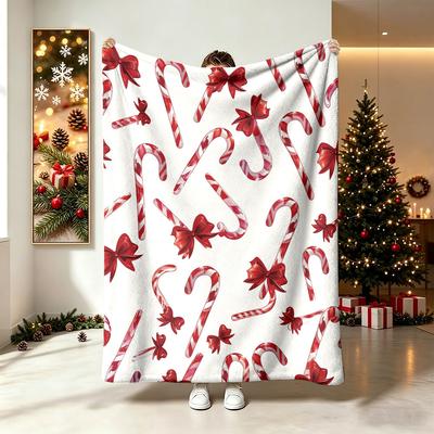 230g Flannel Fleece Blanket Christmas Candy Cane Pattern Soft Warm Cozy Winter Holiday Blanket for Sofa Bed