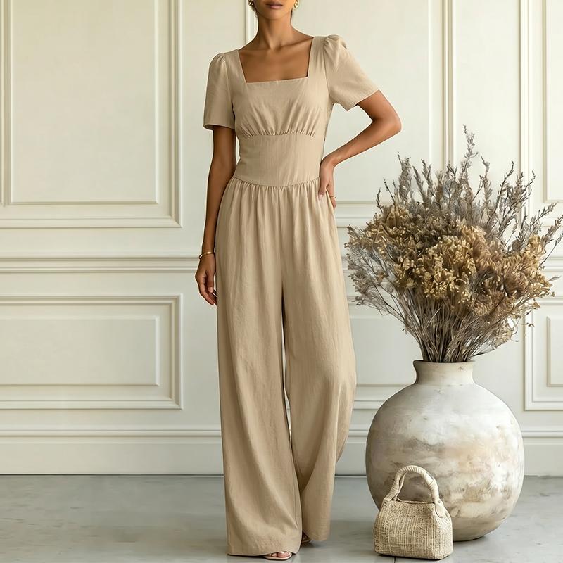 ZANZEA Women Elegant Square Collar Casual Short Sleeve Wide Leg Jumpsuits