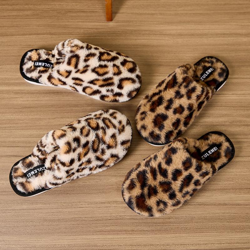 Women Winter Shoes Warm Slippers Leopard Print Indoor Warm and Non Slip Slippers