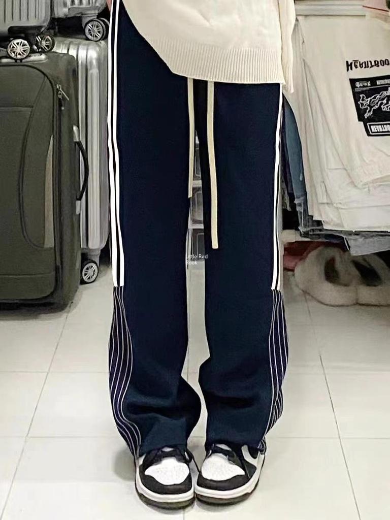 Damen Retro-Sporthose mit weitem Bein und Streifen: Herbst Trendy Koreanischen Stil Casual