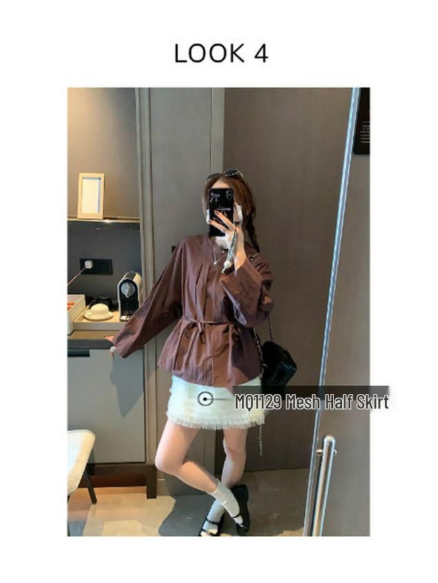 Mochie Early Spring French Pleated Elegant Round Neck Tie-Waist Slimming Shirt MQ1122
