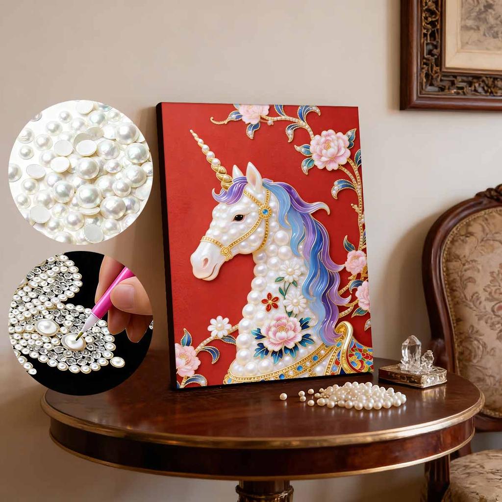 DIY Pearl Painting Set White Horse Pattern Home Decoration Handmade Sticky Diamond Creative Canvas Pearl Art Painting Crafts Perfect Gift