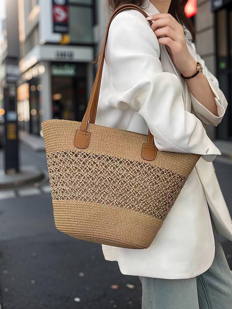 Women's Large Straw Beach Tote - Summer Handbag, Seaside Shoulder Bag, Vegetable Basket Style
