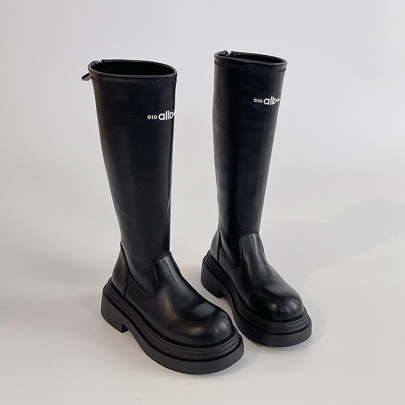 Simple letter thick heel boots women's autumn and winter fashion retro style thick-soled leather boots tall knight boots long boots