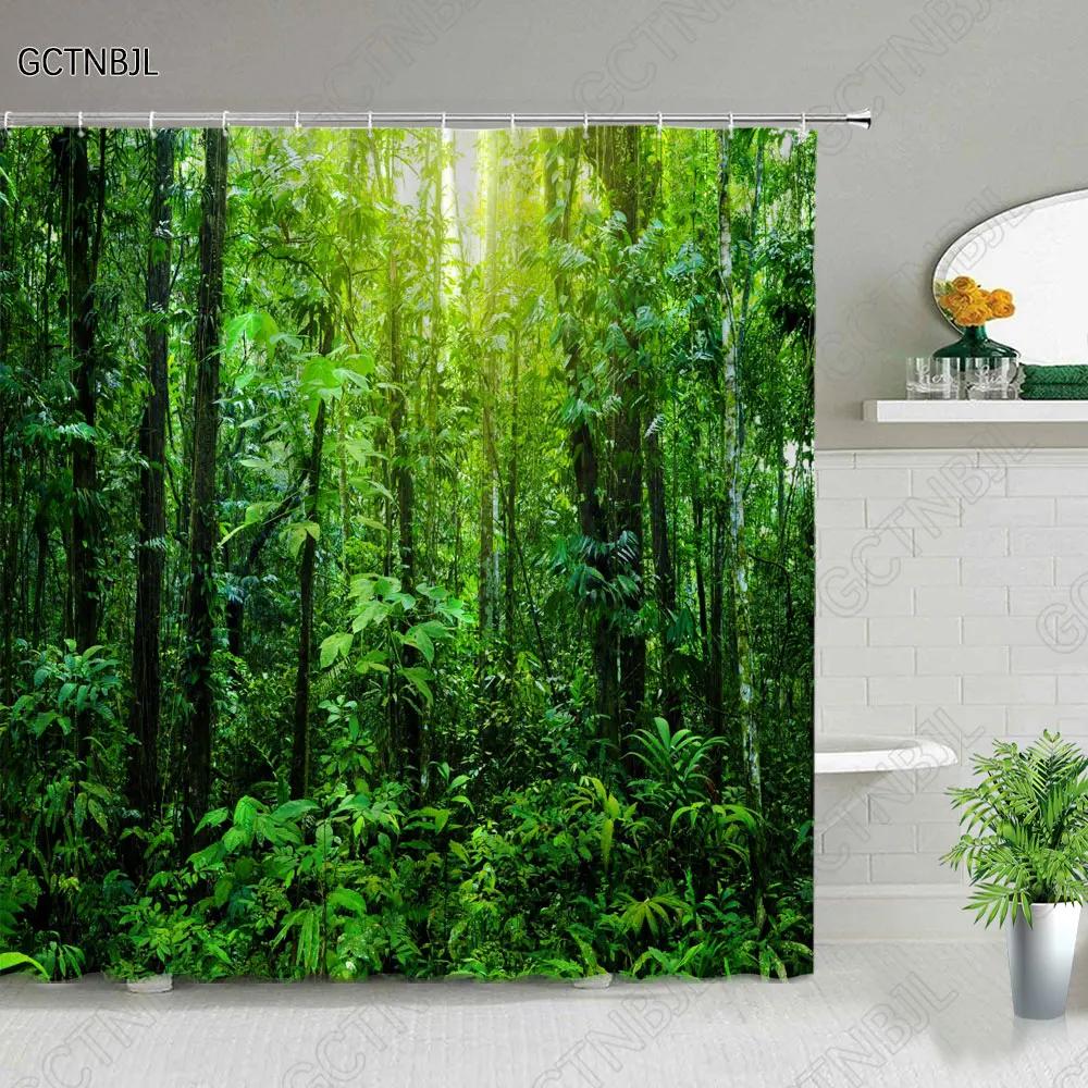 Modern 3D Printing Green Plant Tree Scenery Shower Curtains Forest Bamboo Landscape Bath Curtain Set For Bathroom Decor Cloth