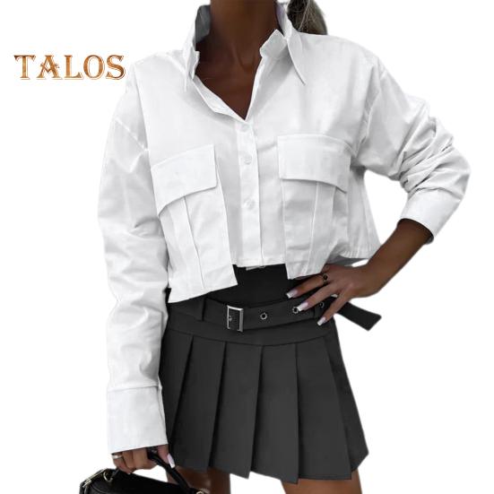 

Женская летняя рубашка, рубашка с длинными рукавами и лацканами, топы, укороченные топы в базовом стиле для поездок на работу, однобортная рубашка с карманами и клапанами L белый