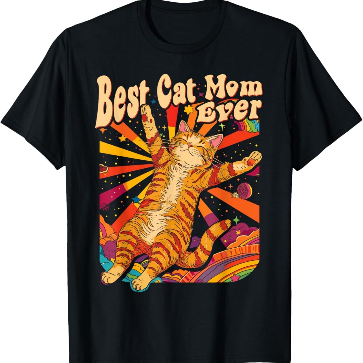 Best Cat Mom Ever 60s 70s Hippie Aesthetic Women T-Shirt S чёрный
