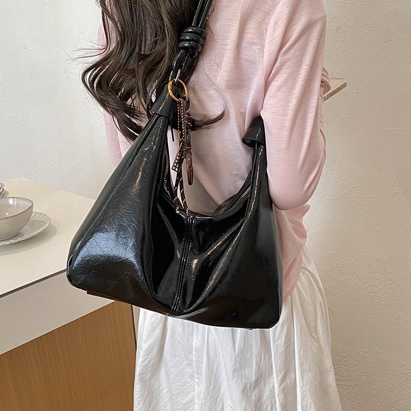 Glossy Faux Leather Hobo Bag for Women with Knotted Handle Soft Shoulder Bag for Everyday Use Casual Outings