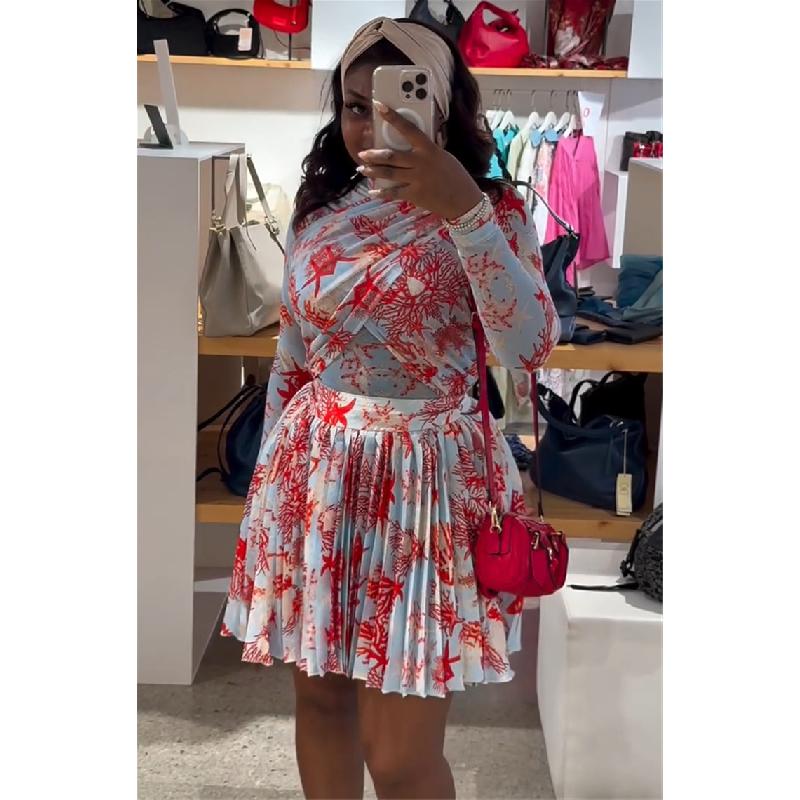 Women's 2026 Summer New Dress Design Slim-Fit Printed Long-Sleeve Top Pleated Skirt Set