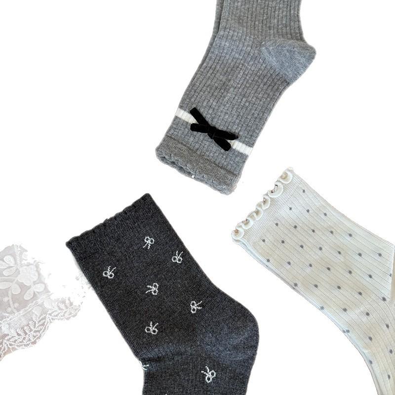 Grey Series "Boneless Socks Women's Mid-calf Socks Autumn and Winter Women's Bow Pile Socks