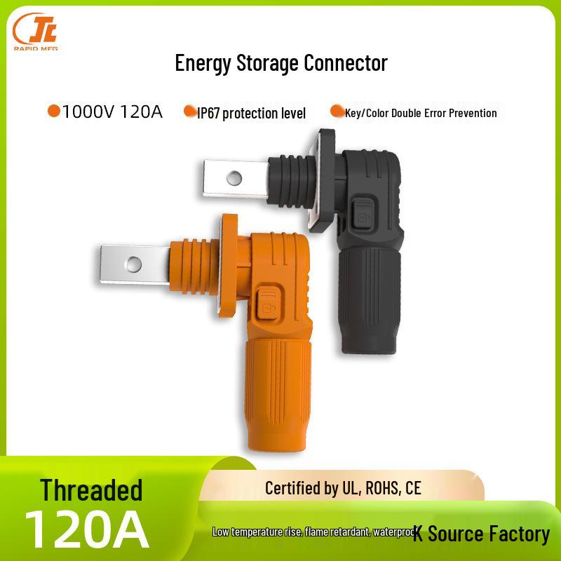 Black and Orange Angled Plug Socket; Positive/Negative Pole Energy Storage Connector; Threaded Hole; 70A-120A Current Capacity