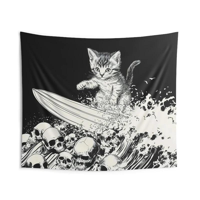 VIKAMA Hardcore Funny Heavy Metal Tapestry Skull Surfing Cat Wall Decor Perfect Hanging for Living Room Bedroom Dorm Home