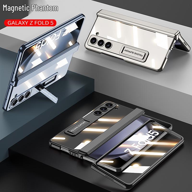 Samsung Z Fold5 Phone Case: Electroplated Transparent Hinge, Foldable Full Coverage with Bracket Protection.