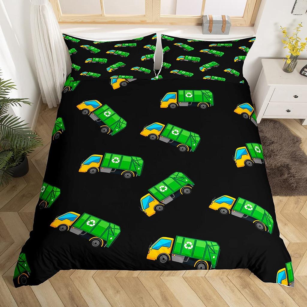 Truck Excavator Duvet Cover Set Queen Size For Kids Nursery Cartoon Tractor Engineering Vehicle Construction Theme Bedding Set