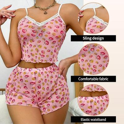 Conjunto de Pijama Rosa de Malha Estampada de Duas Peças para Mulheres com Tops Curtos Estampados e Shorts Conjunto de Pijama Casual Feminino