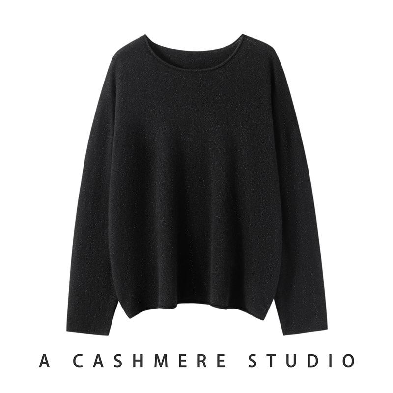 Early Autumn Lightweight Gold Thread Pure Cashmere Solid Round Neck Loose Pullover Sweater for Women