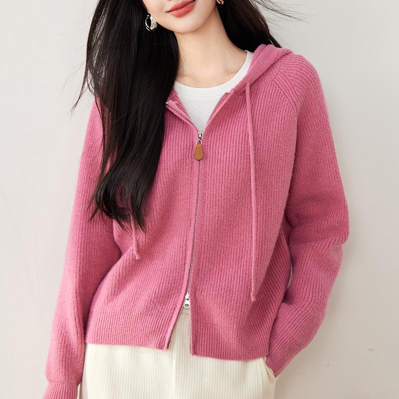 Pink Knitted Hooded Sweatshirt Cardigan for Women In Autumn and Winter Bottoming Shirt New Lazy Style Purple Sweater Jacket