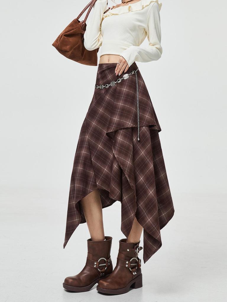 Women's Retro Plaid Woolen Skirt - Irregular Slimming Design for Autumn/Winter