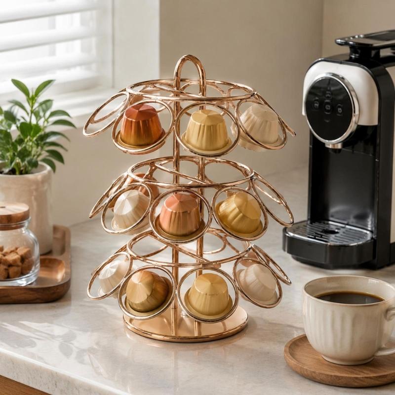 Coffee Serving Holder with Full-Turn Access, Three-Level Position Display, and Freestanding Form for Kitchens, Offices, and Break Rooms