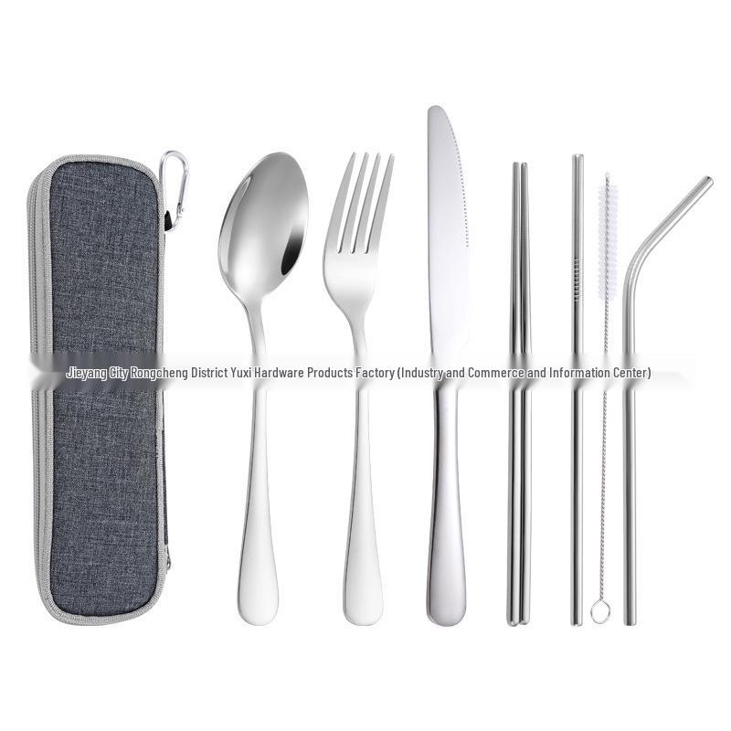 Stainless Steel Outdoor Travel Cutlery Set: Knife, Fork, Spoon, Straw, Chopsticks with Storage Bag