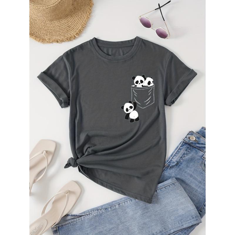 

Panda printed round neck T-shirt, casual short sleeved women s clothing for spring and summer XL
