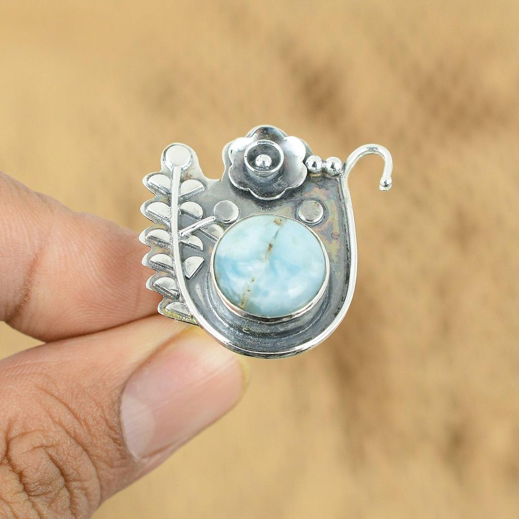 Natural Larimar Gemstone 925 Silver Promise Flower Adjustable Ring For Girls
