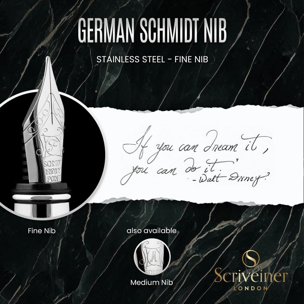 Scriveiner Black Green Fountain Pen - Stunning Luxury Pen with Chrome Finish, Schmidt Nib (Fine), Best Pen Gift Set for Men & Women, Professional, Exe