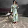 Women's Long-sleeved Lapel Green Print Elegant Shirt Dress