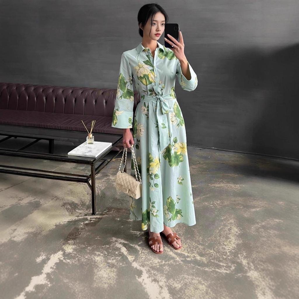 Women's long-sleeved lapel green print elegant shirt dress