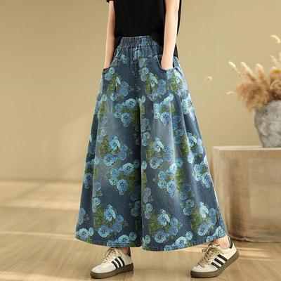 Plus size cienkie Vintage kwiatowe wysoki stan swobodne luźne Damskie letnie dżinsy denim szerokie nogawki Spodnie