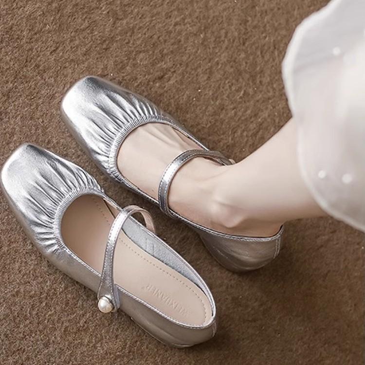Soft leather pearl French Mary Jane women's shoes 2025 new shallow mouth single shoes spring and autumn middle heel leather gentle shoes